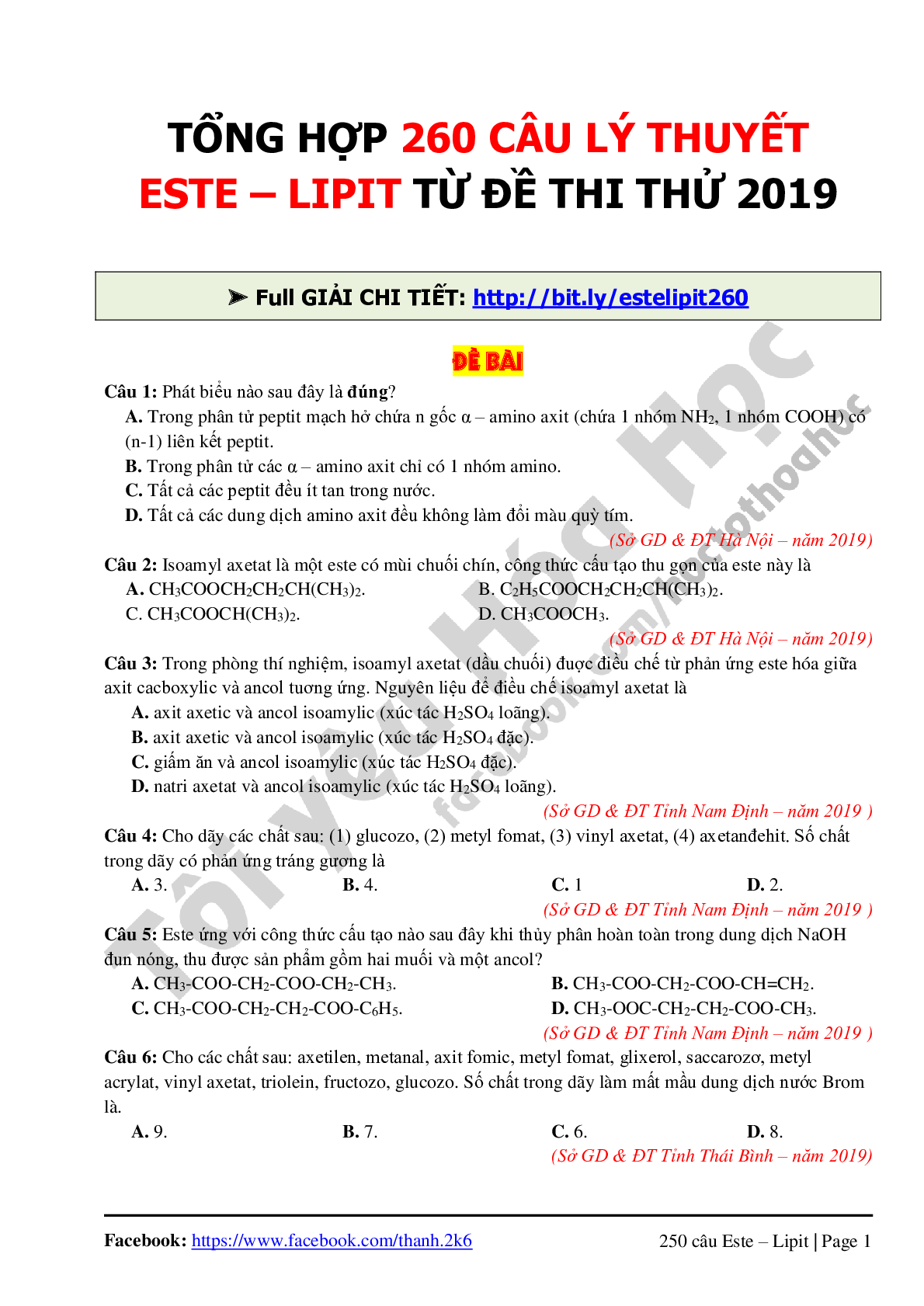 260 câu lý thuyết chuyên đề Este-Lipit môn Hóa học lớp 12 (trang 1)