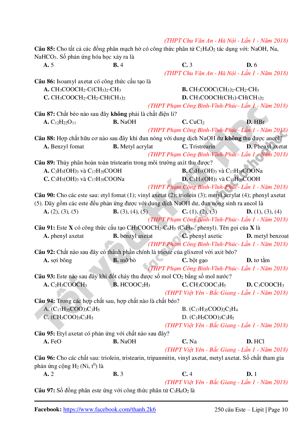 260 câu lý thuyết chuyên đề Este-Lipit môn Hóa học lớp 12 (trang 10)