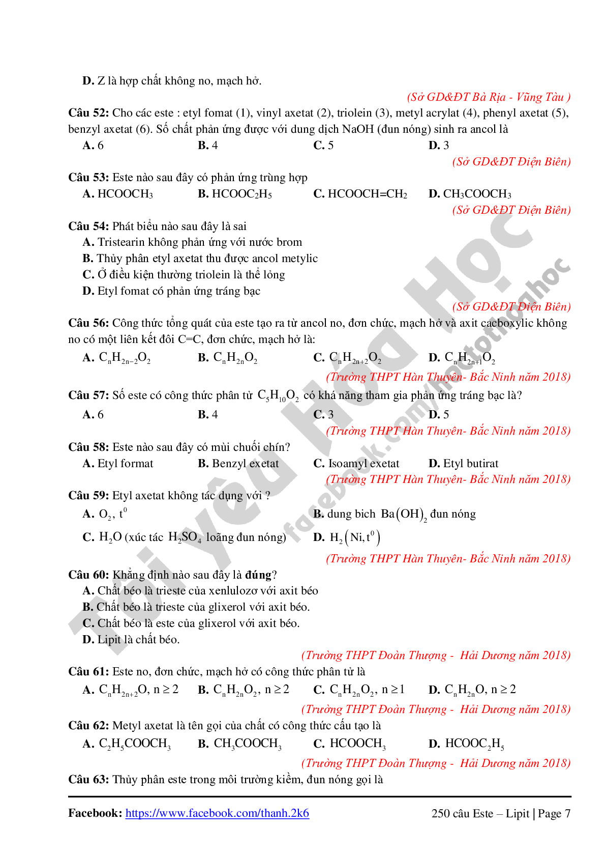 260 câu lý thuyết chuyên đề Este-Lipit môn Hóa học lớp 12 (trang 7)