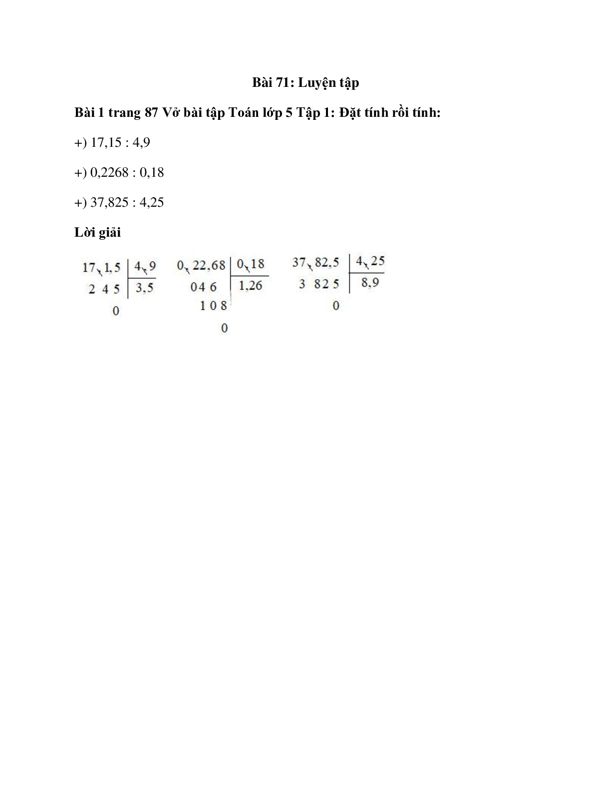 Đặt tính rồi tính: 17,15 : 4,9 (trang 1)