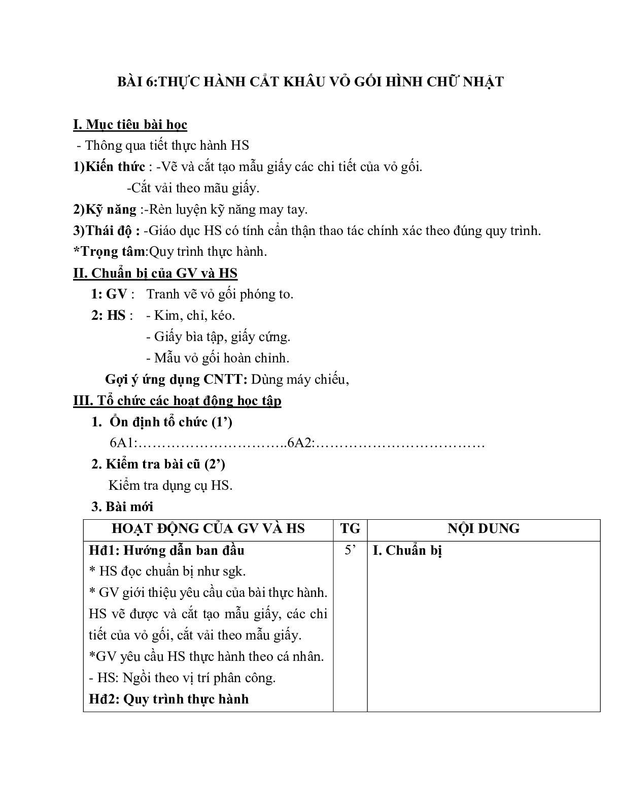 GIÁO ÁN CÔNG NGHỆ 6 BÀI 6:THỰC HÀNH CẲT KHÂU VỎ GỐI HÌNH CHỮ NHẬT MỚI NHẤT – CV5555 (trang 1)