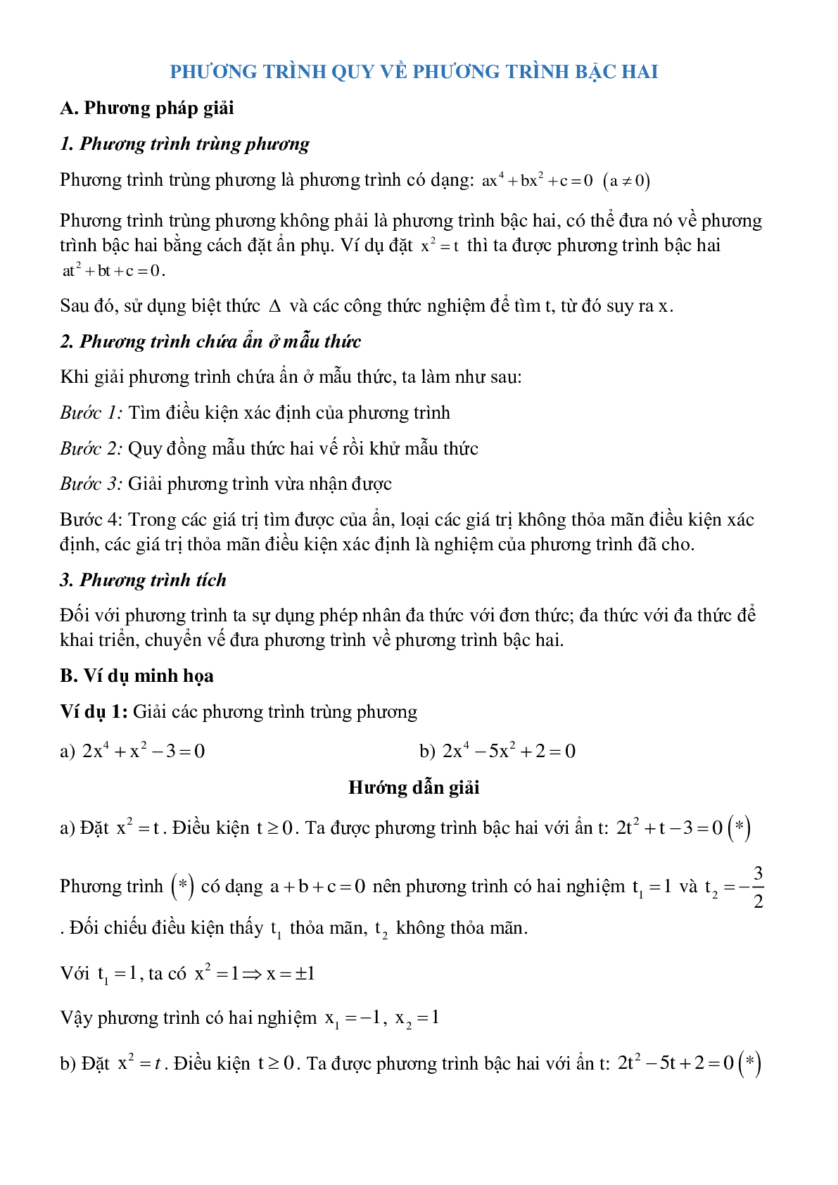 Các dạng phương trình quy về phương trình bậc hai chọn lọc (trang 1)