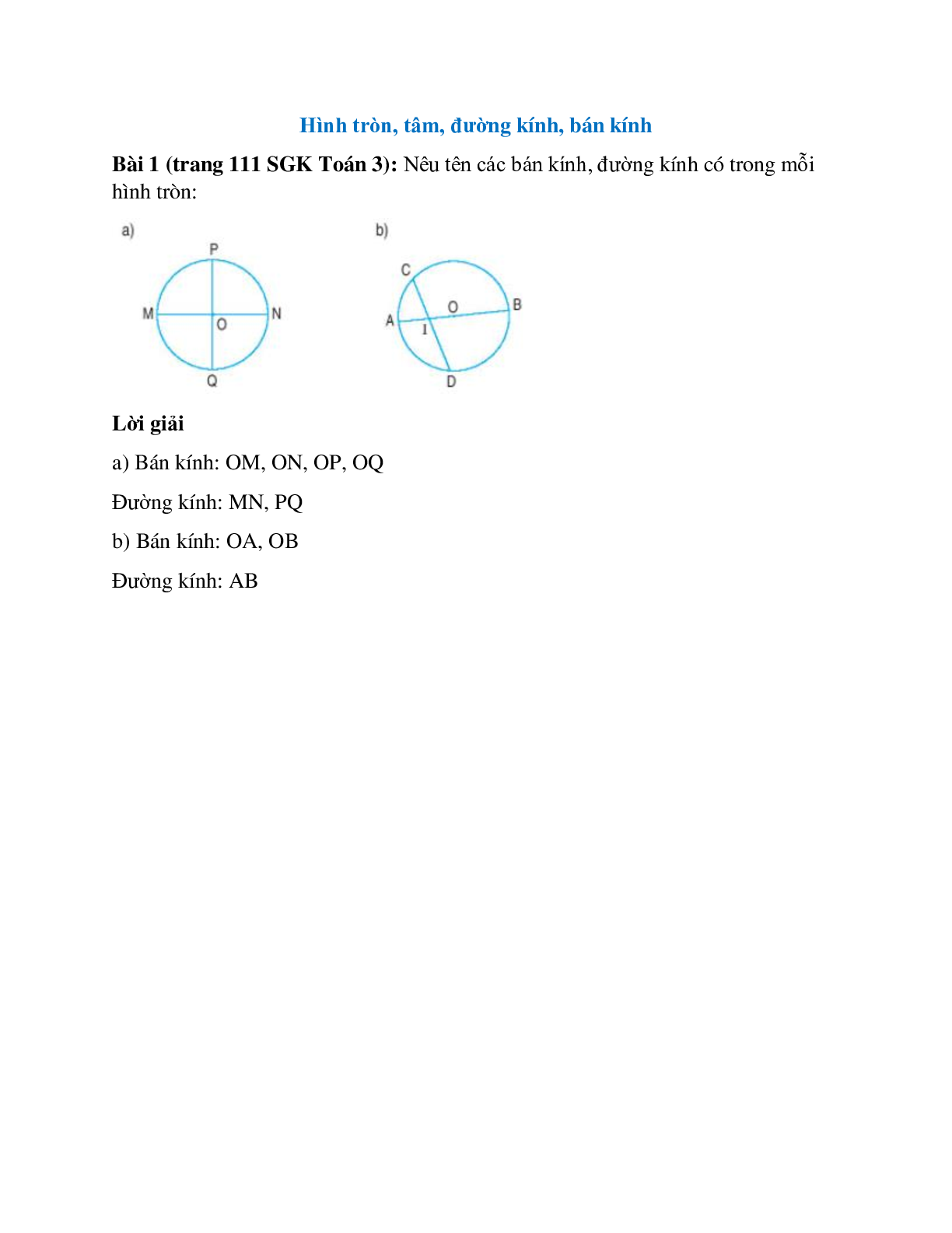 Nêu tên các bán kính, đường kính có trong mỗi hình tròn (trang 1)