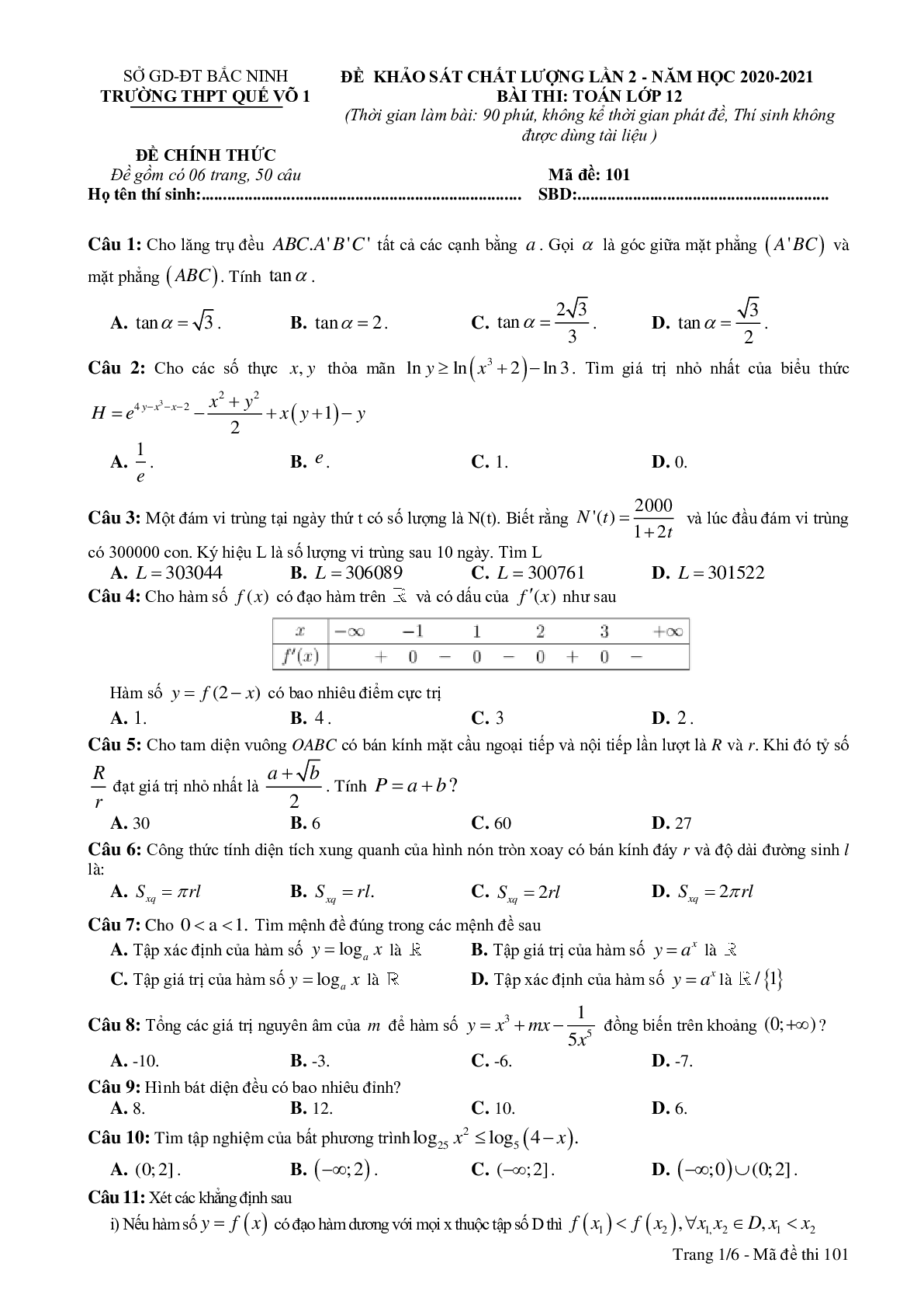 Đề khảo sát chất lượng lần 2 Toán 12 năm 2020 – 2021 trường Quế Võ 1 – Bắc Ninh có đáp án (trang 1)