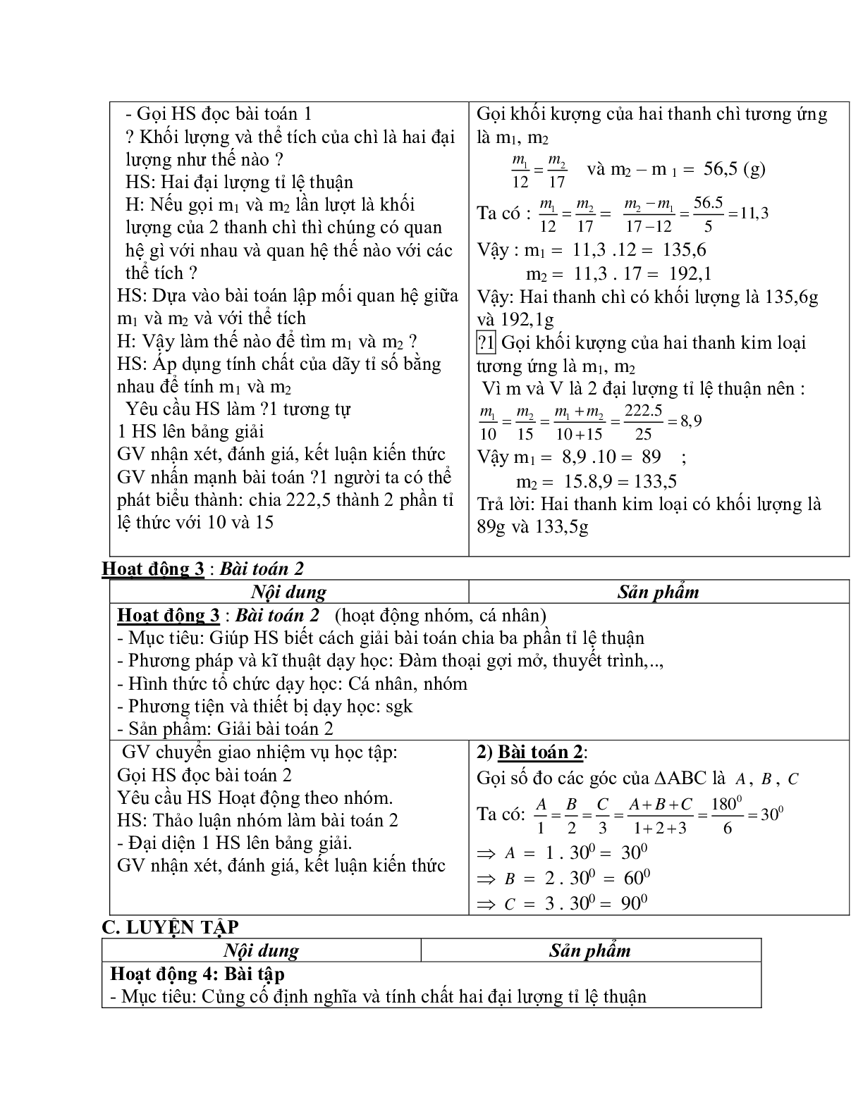 Giáo án Toán học 7 bài 2: Một số bài toán về đại lượng tỉ lệ thuận chuẩn nhất (trang 2)