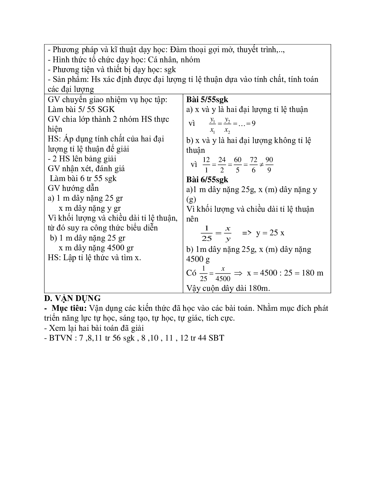 Giáo án Toán học 7 bài 2: Một số bài toán về đại lượng tỉ lệ thuận chuẩn nhất (trang 3)