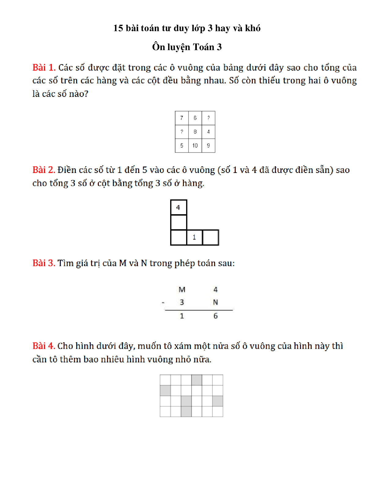 15 bài toán cơ bản và nâng cao toán lớp 3 Phần 1 có đáp án, chọn lọc (trang 1)