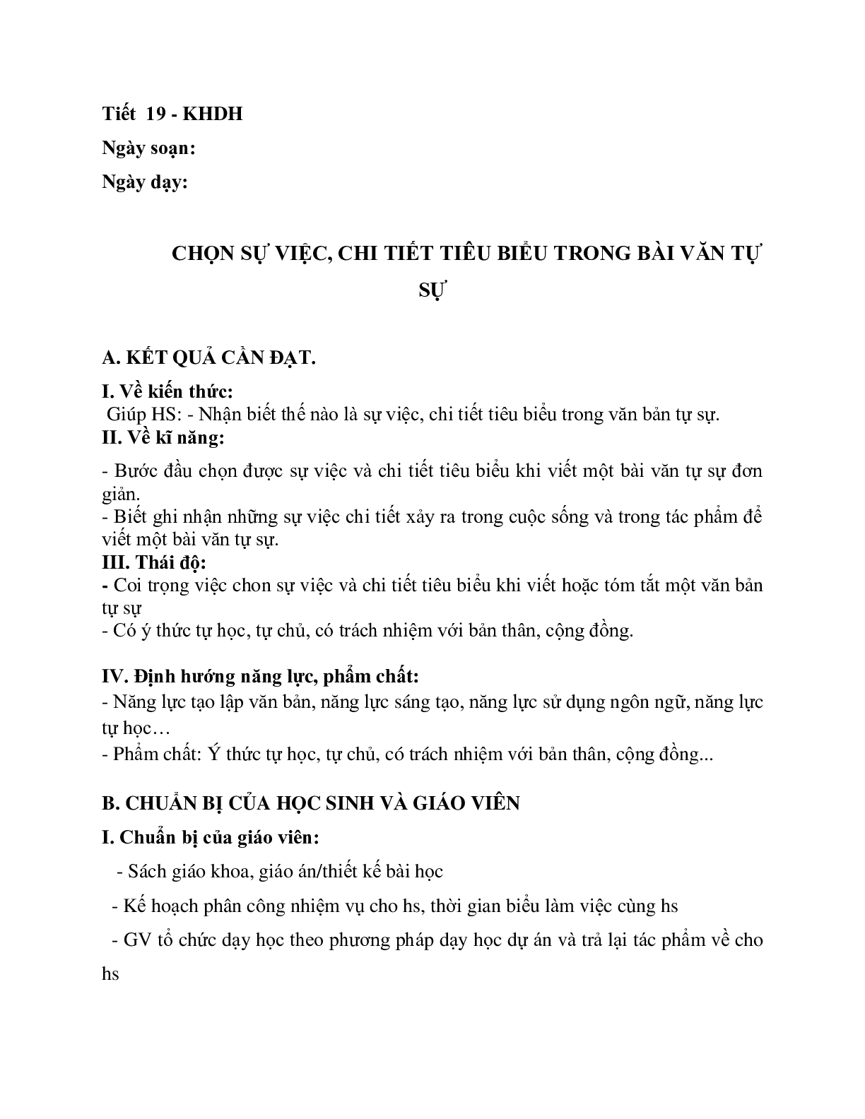 Giáo án ngữ văn lớp 10 Tiết 19: Chọn sự việc chi tiết tiêu biểu trong văn tự sự (trang 1)