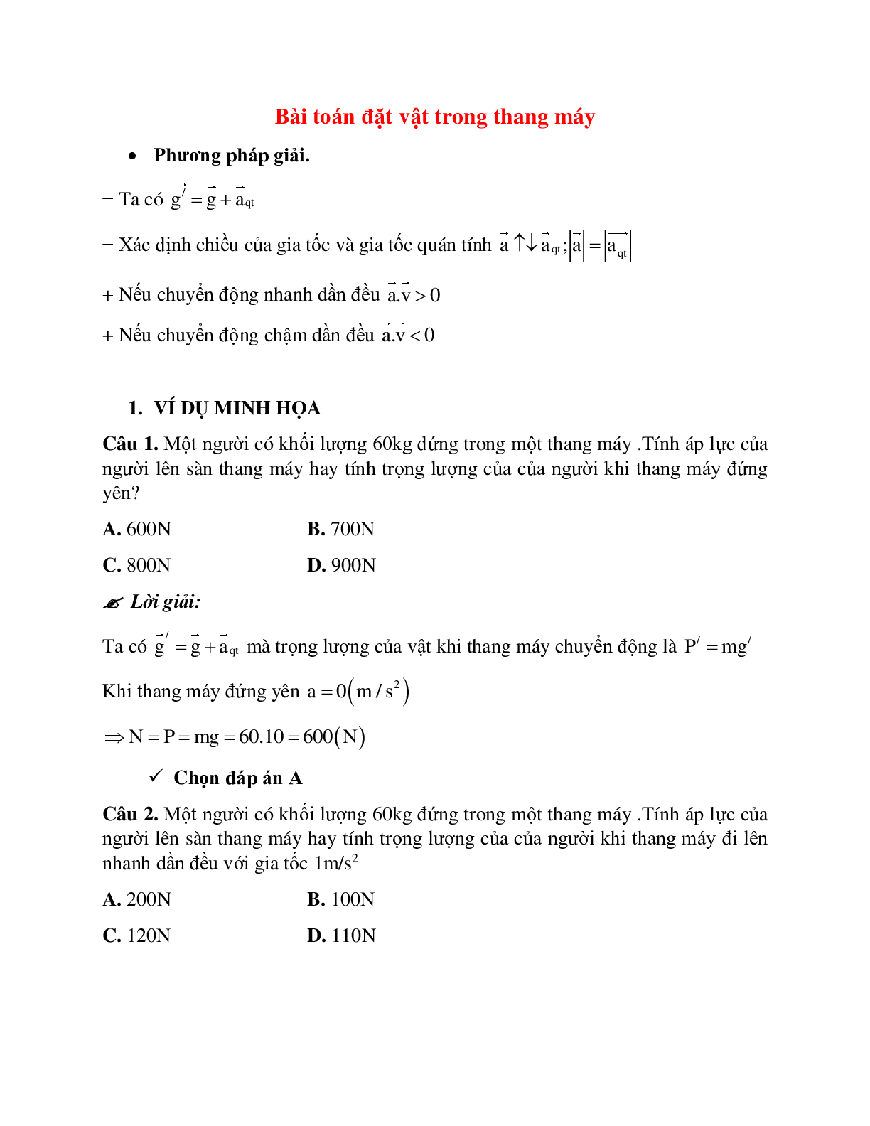 Phương pháp giải và bài tập về Bài toán đặt vật trong thang máy chọn lọc (trang 1)