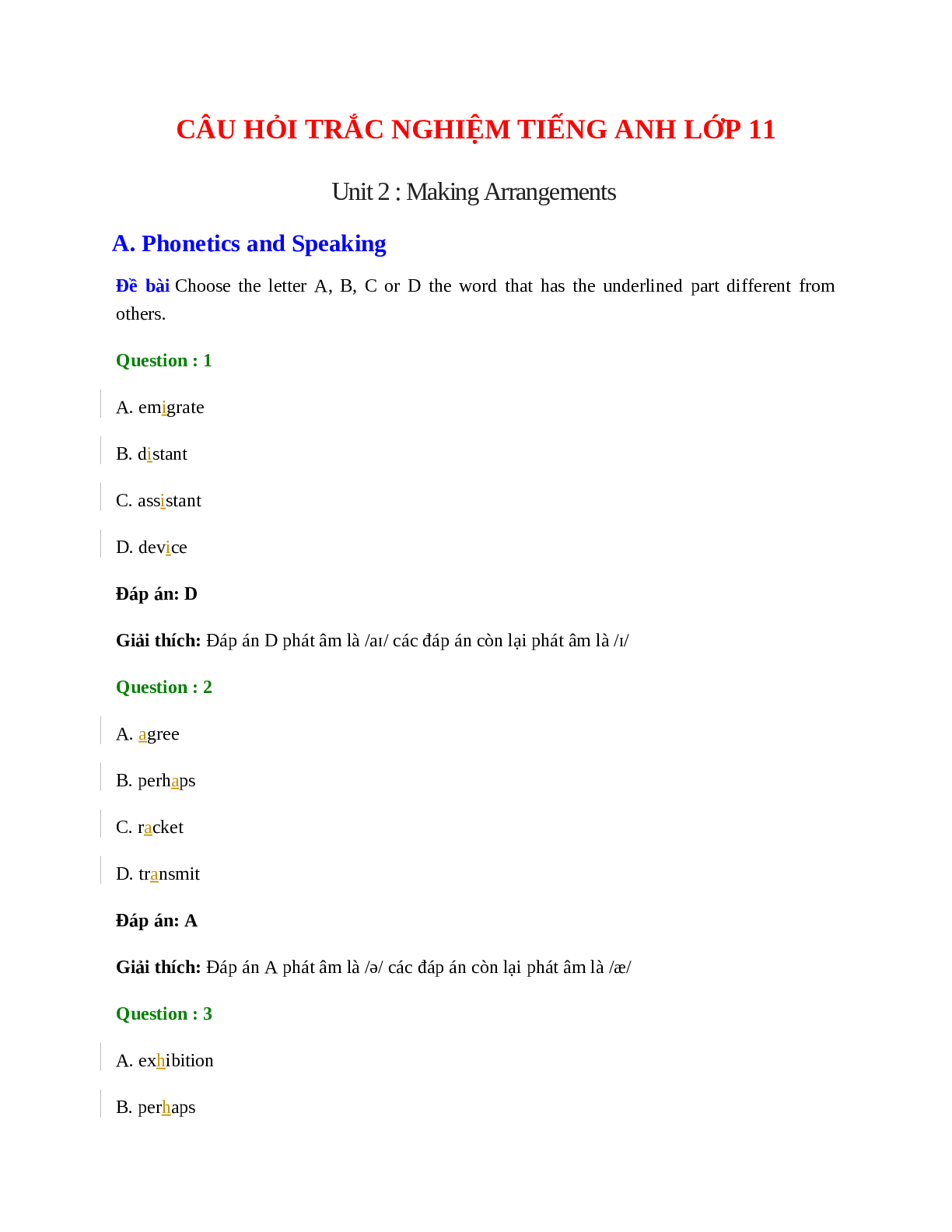Trắc nghiệm Tiếng Anh 11 Unit 2 có đáp án: Making Arrangements (trang 1)