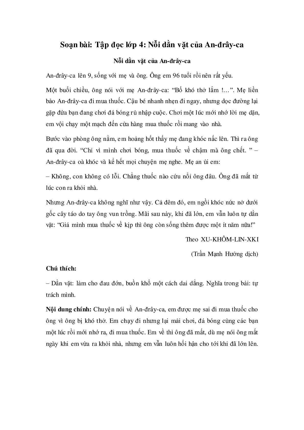Soạn Tiếng Việt lớp 4: Tập đọc: Nỗi dằn vặt của An-đrây-ca mới nhất (trang 1)
