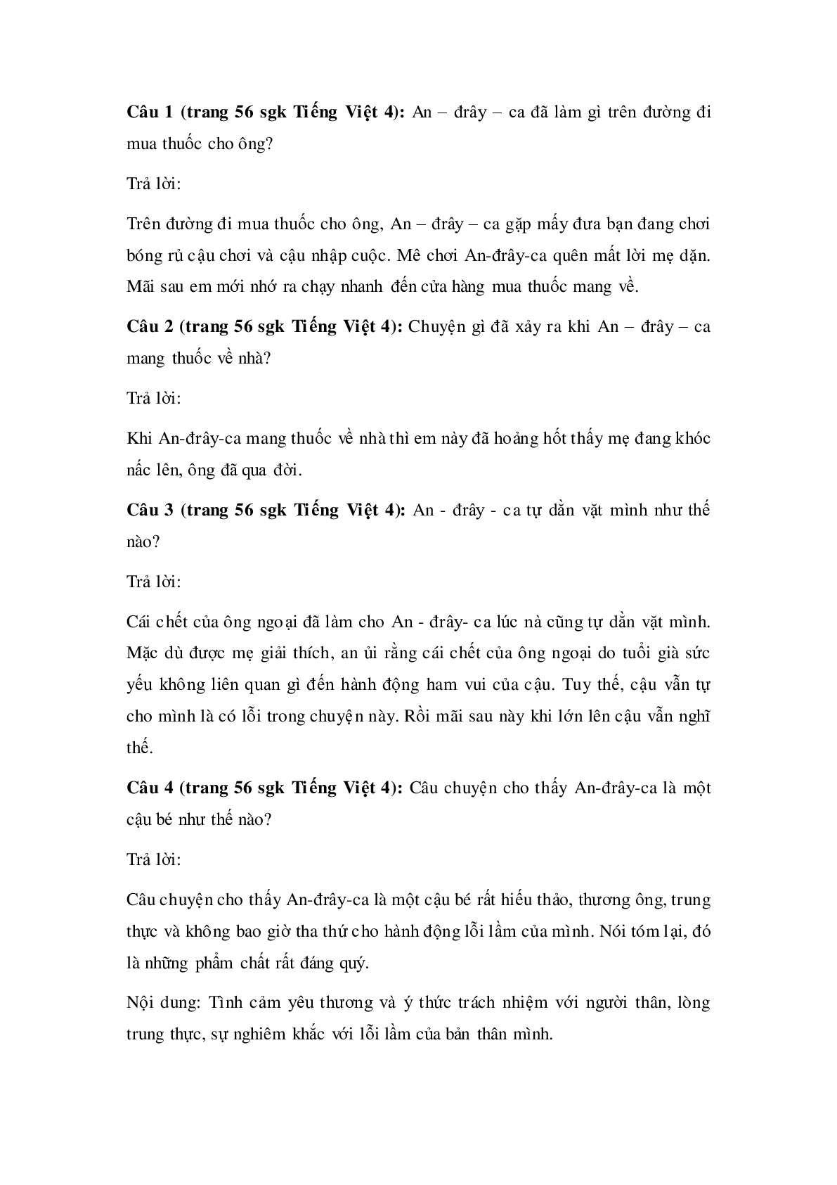 Soạn Tiếng Việt lớp 4: Tập đọc: Nỗi dằn vặt của An-đrây-ca mới nhất (trang 2)