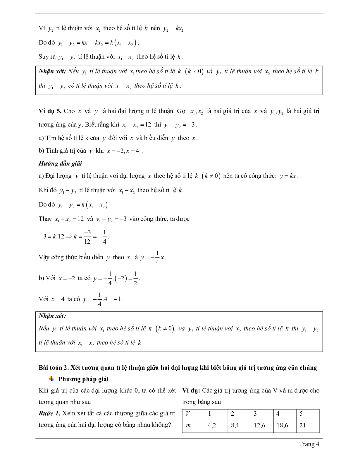 Lý thuyết Toán 7 có đáp án: Đại lượng tỉ lệ thuận - Một số bài toán về đại lượng tỉ lệ thuận (trang 4)