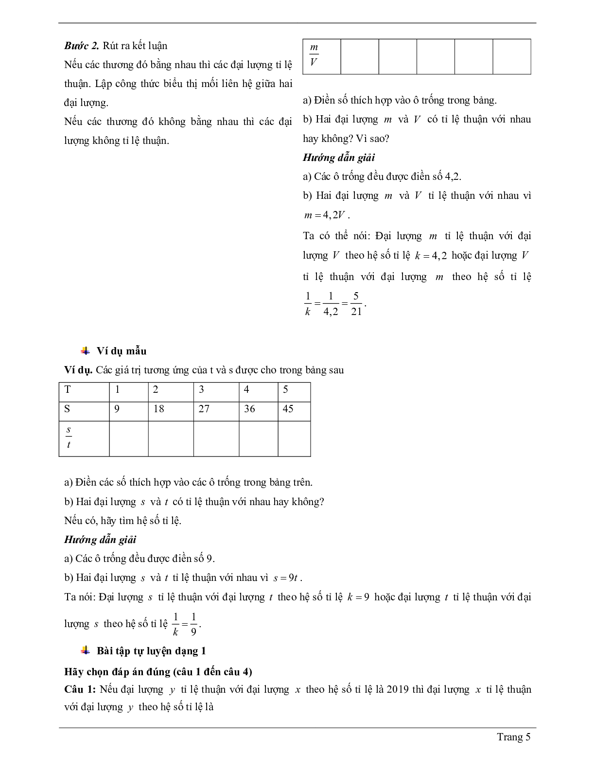 Lý thuyết Toán 7 có đáp án: Đại lượng tỉ lệ thuận - Một số bài toán về đại lượng tỉ lệ thuận (trang 5)