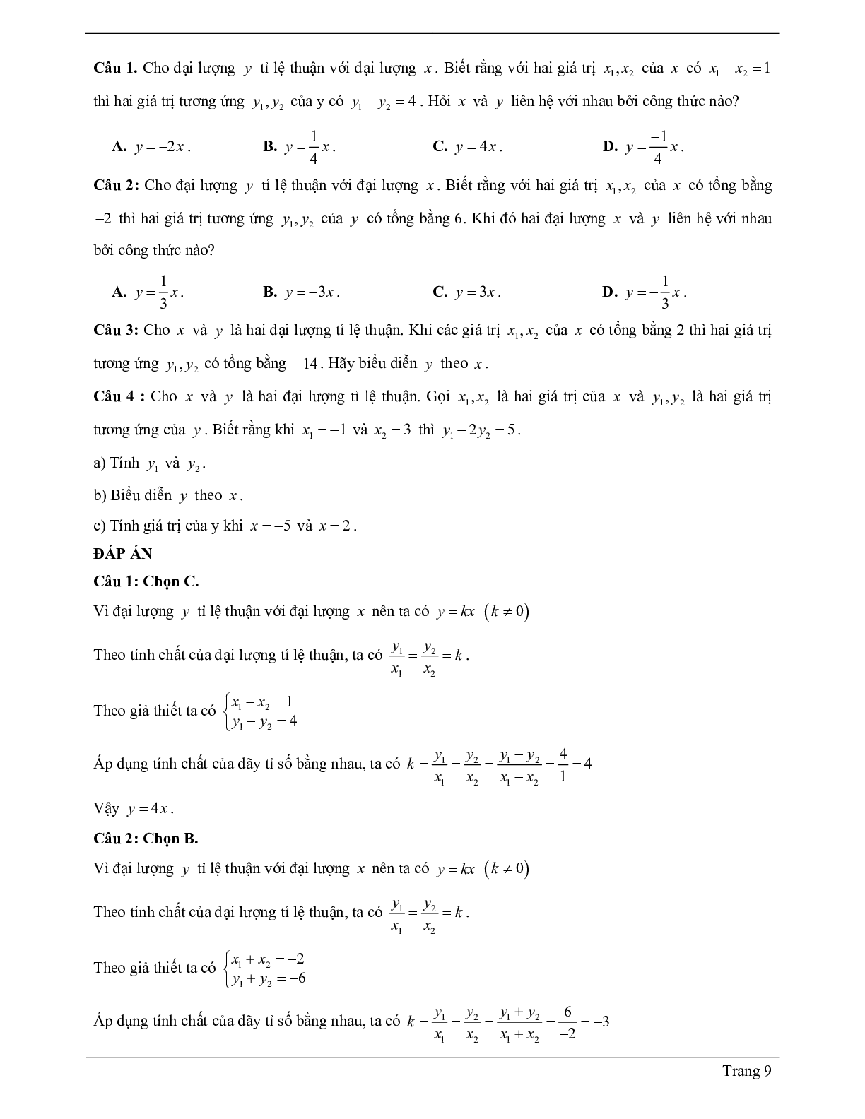 Lý thuyết Toán 7 có đáp án: Đại lượng tỉ lệ thuận - Một số bài toán về đại lượng tỉ lệ thuận (trang 9)