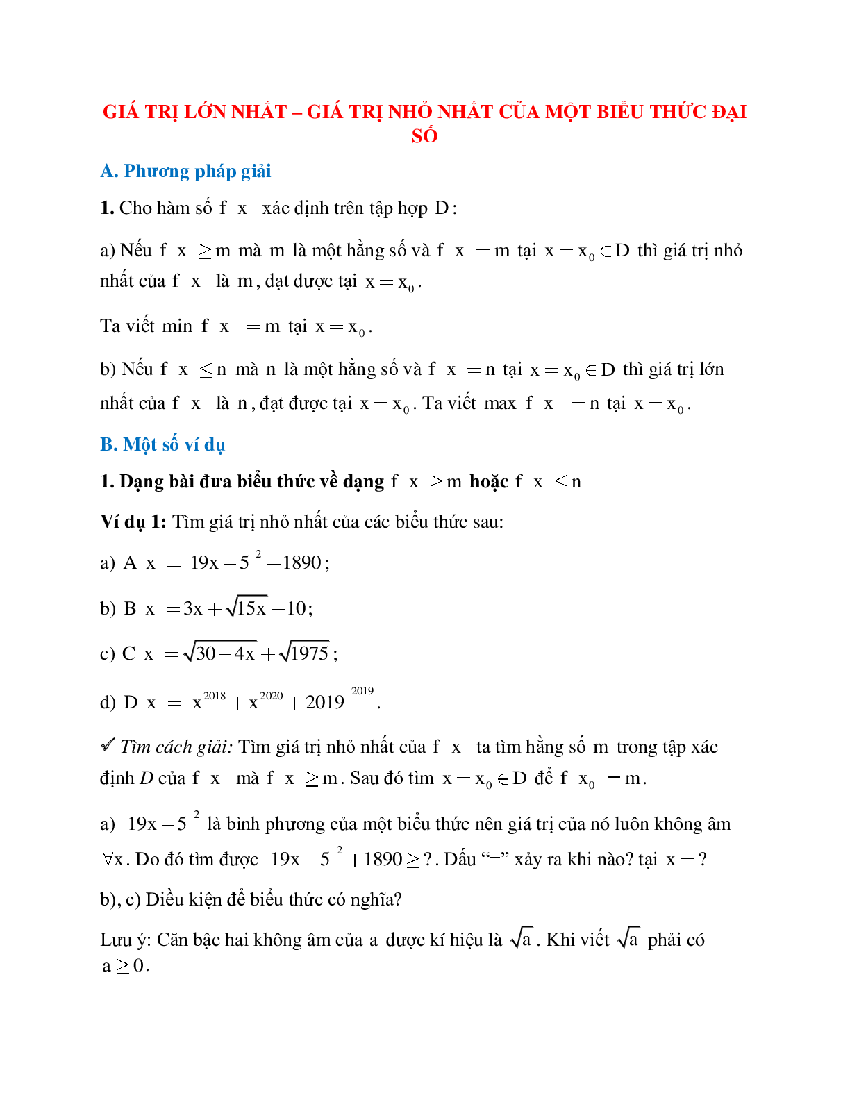 Hệ thống bài tập về Giá trị lớn nhất - Giá trị nhỏ nhất của một biểu thức đại số có lời giải (trang 1)