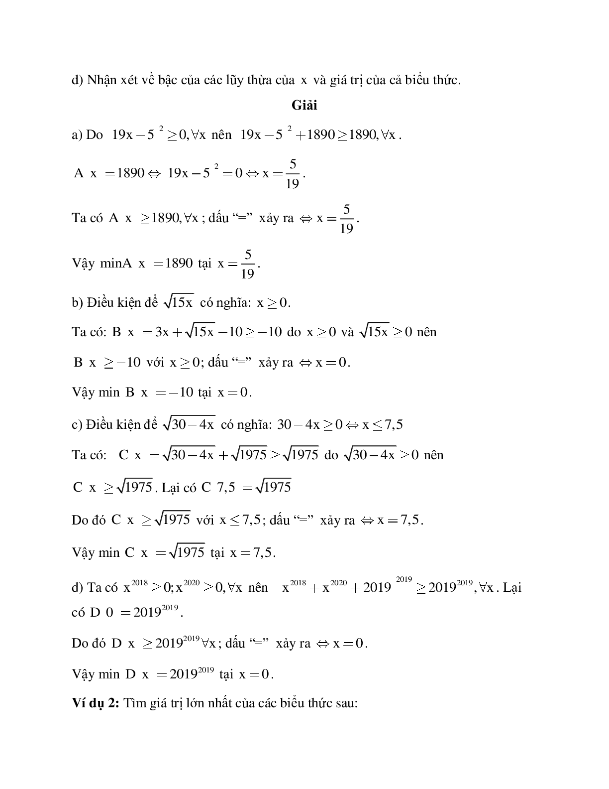Hệ thống bài tập về Giá trị lớn nhất - Giá trị nhỏ nhất của một biểu thức đại số có lời giải (trang 2)