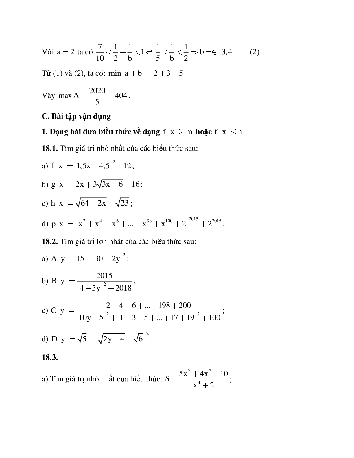 Hệ thống bài tập về Giá trị lớn nhất - Giá trị nhỏ nhất của một biểu thức đại số có lời giải (trang 9)