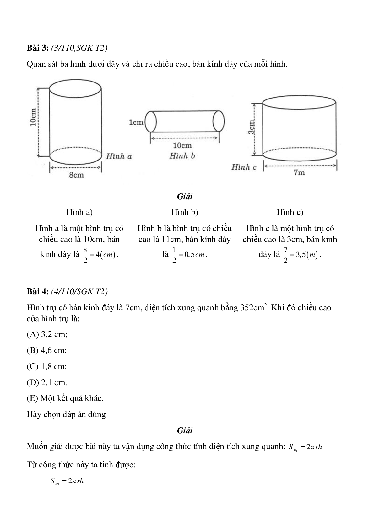 50 Bài tập Hình trụ - Diện tích xung quanh và thể tích của hình trụ (có đáp án)- Toán 9 (trang 3)