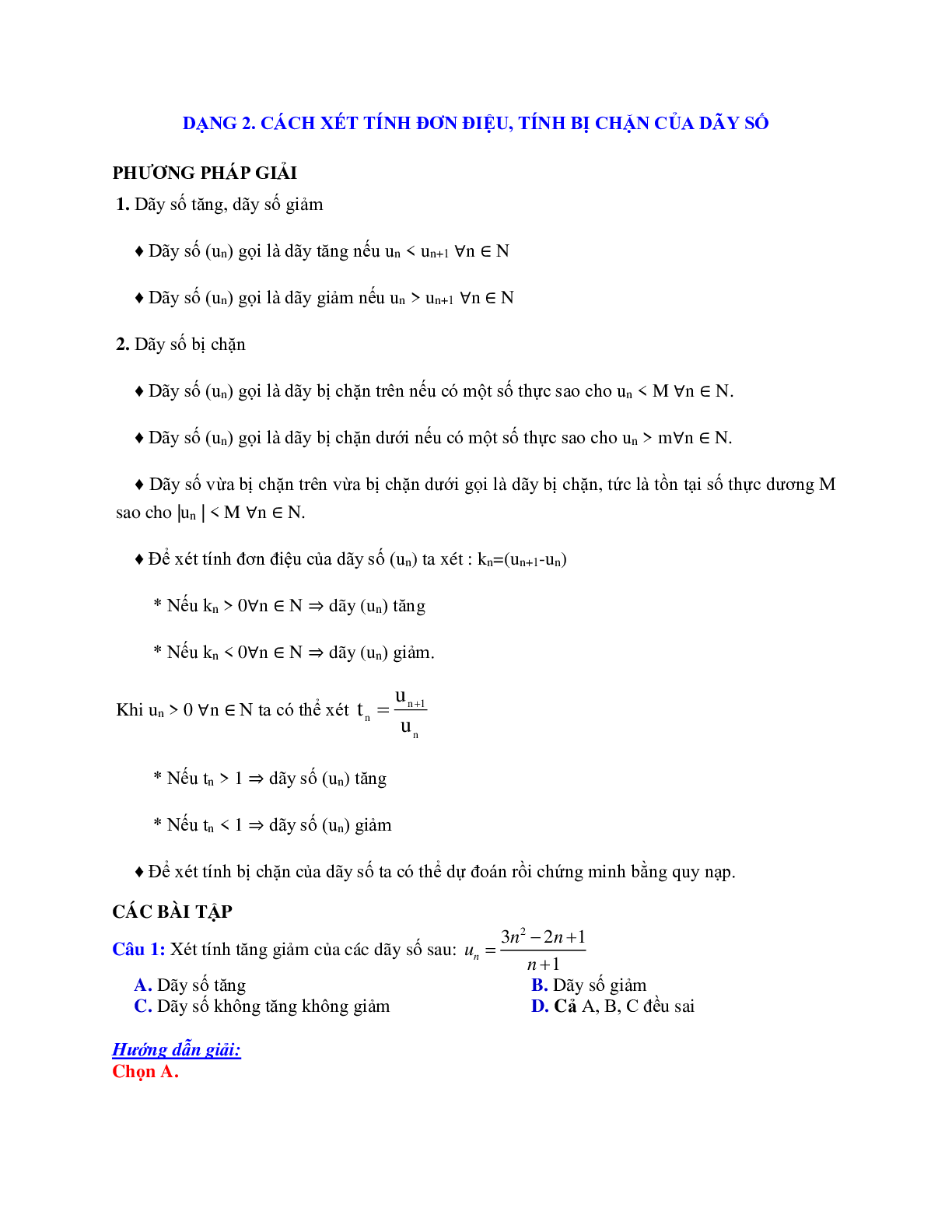 Phương pháp giải và bài tập về Cách xét tính đơn điệu, tính bị chặn của dãy số (trang 1)