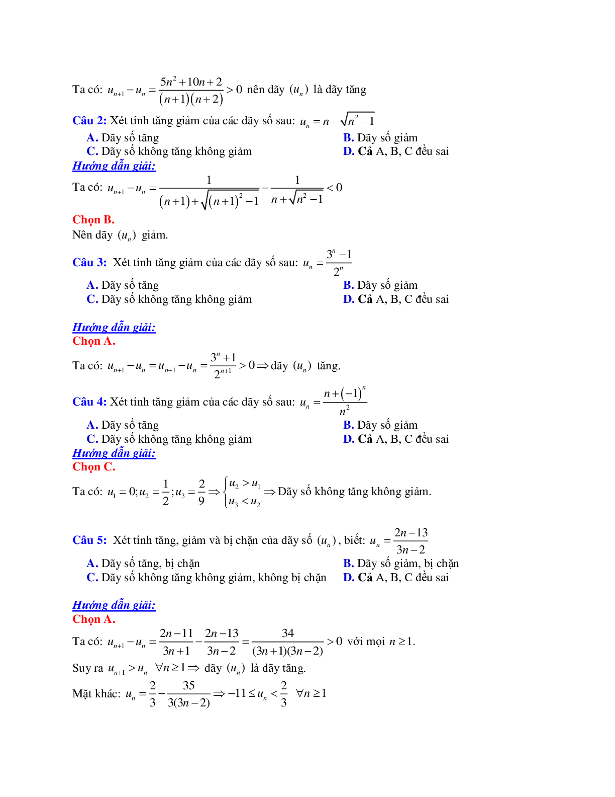 Phương pháp giải và bài tập về Cách xét tính đơn điệu, tính bị chặn của dãy số (trang 2)