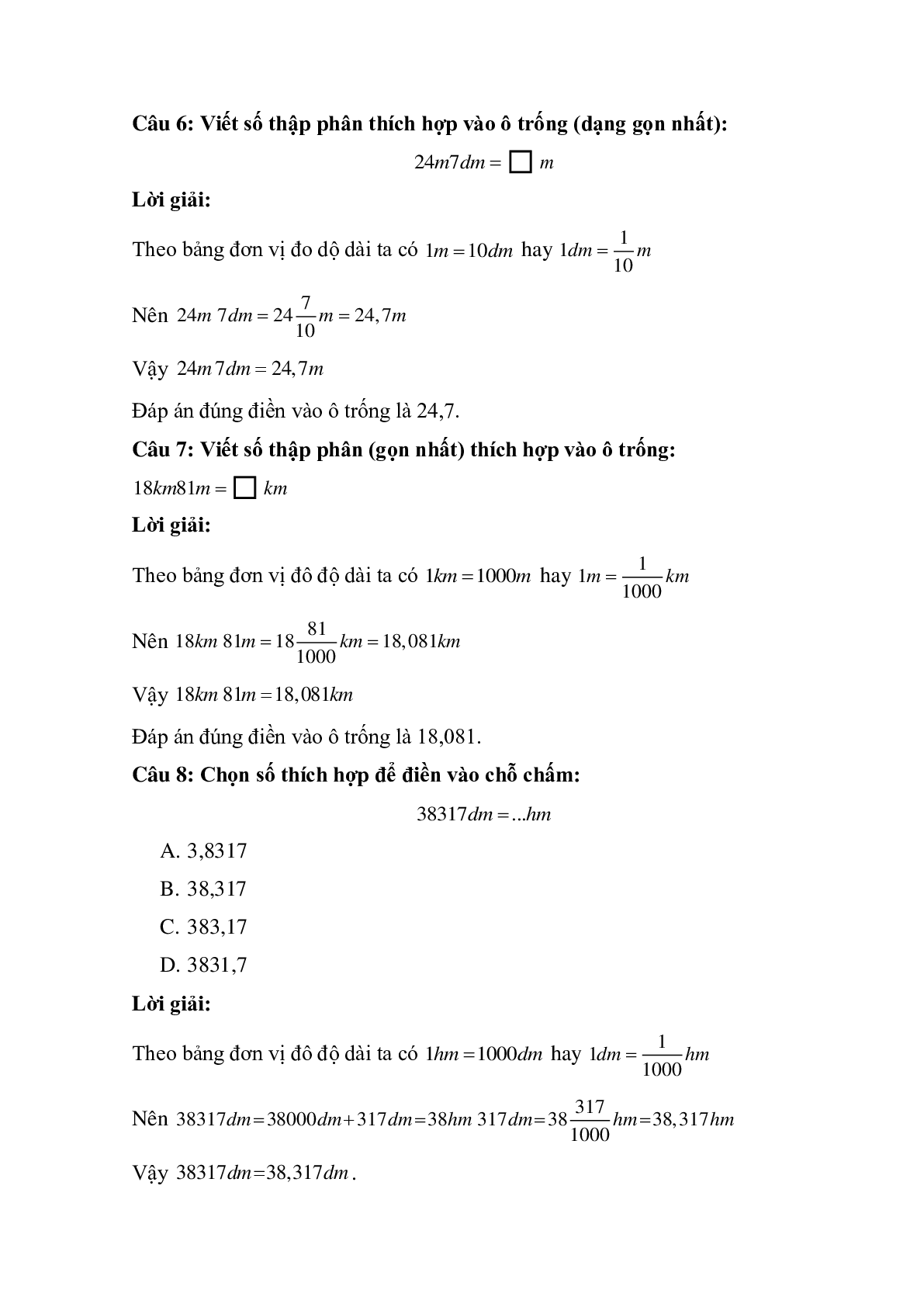 12 câu Trắc nghiệm Viết các số đo độ dài dưới dạng số thập phân có đáp án 2023 – Toán lớp 5 (trang 3)