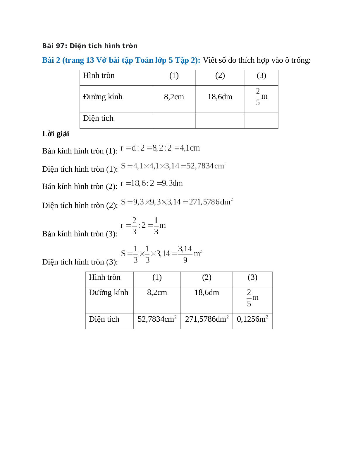 Viết số đo thích hợp vào ô trống Bài 2 trang 13 Vở bài tập Toán lớp 5 (trang 1)