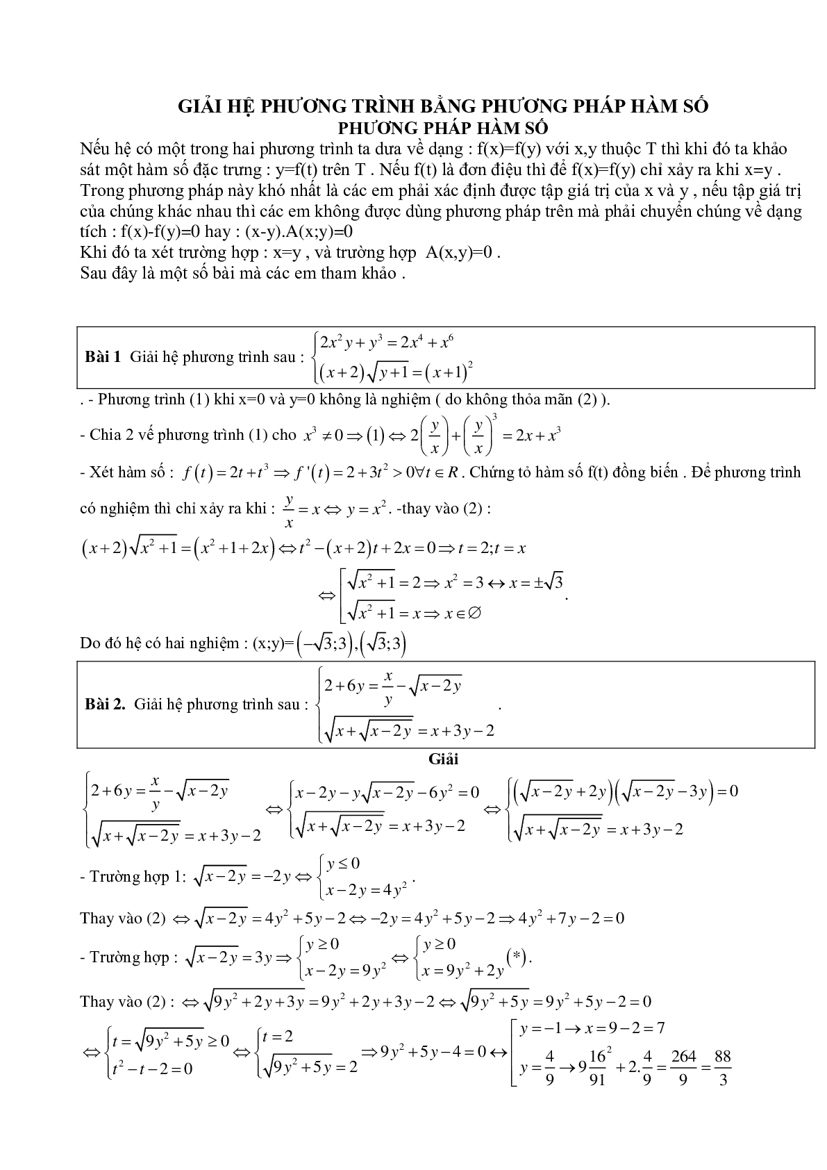 60 bài toán giải hệ phương trình bằng phương pháp hàm số điển hình (trang 1)