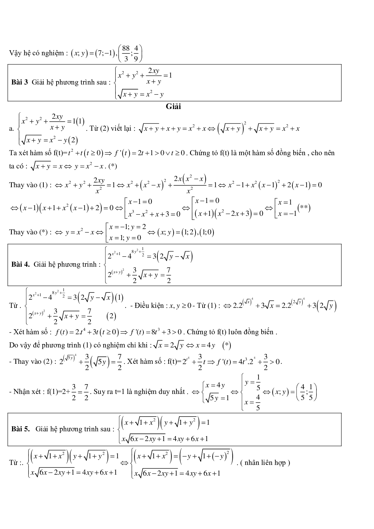60 bài toán giải hệ phương trình bằng phương pháp hàm số điển hình (trang 2)