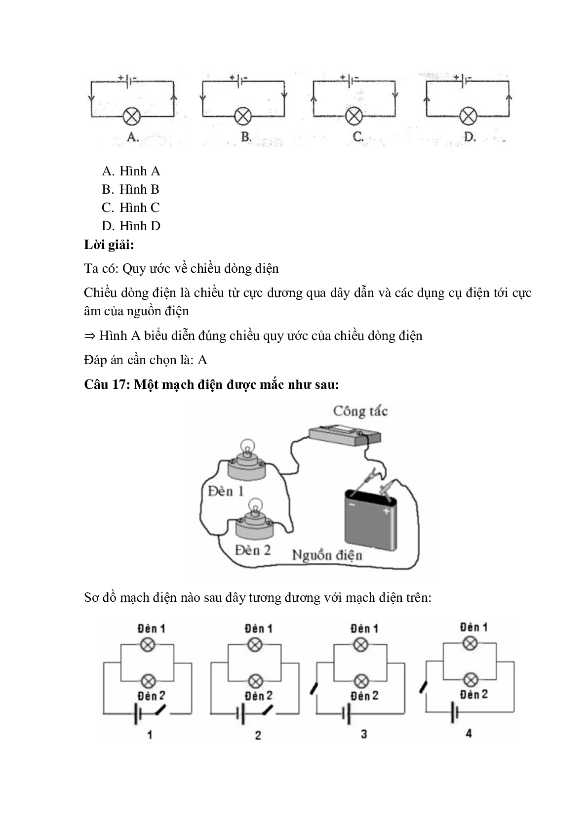 Trắc nghiệm Sơ đồ mạch điện - Chiều dòng điện có đáp án – Vật lí lớp 7 (trang 7)