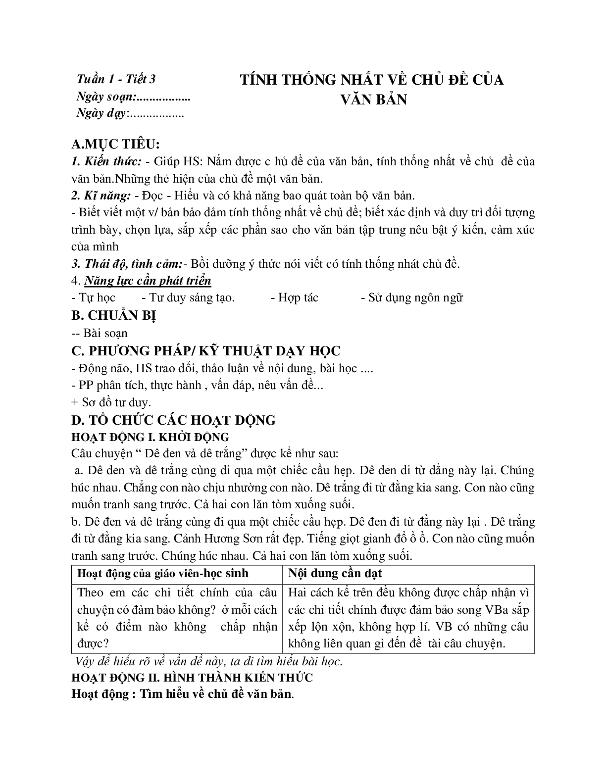 Giáo án ngữ văn lớp 8 Tuần 1 Tiết 3: Tính thống nhất về chủ đề của văn bản mới nhất (trang 1)