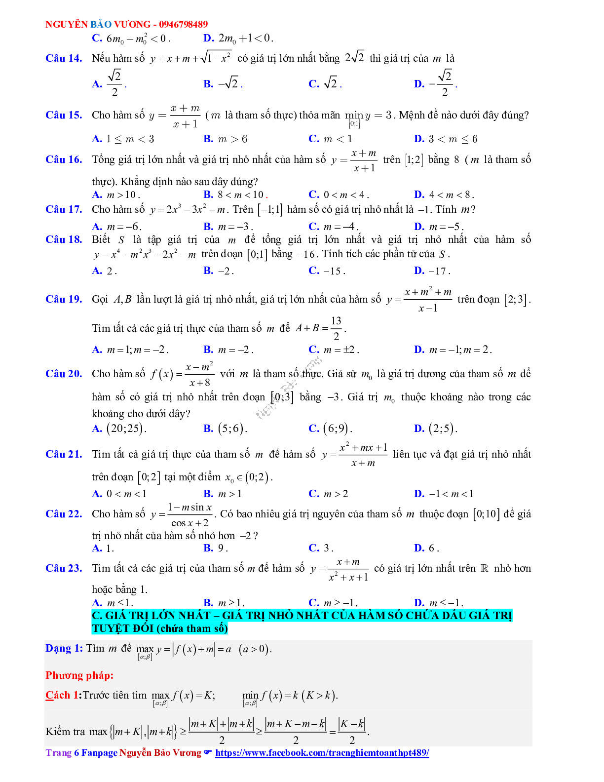 Phương pháp giải về Giá trị lớn nhất, giá trị nhỏ nhất của hàm số 2023 (lý thuyết và bài tập) (trang 6)