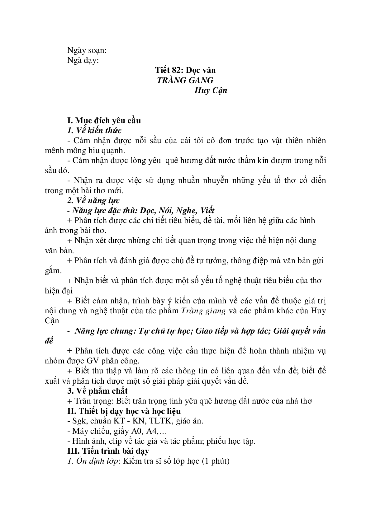 Giáo án Ngữ Văn 11: Tiết 82 Tràng giang tiết 1 mới nhất (trang 1)