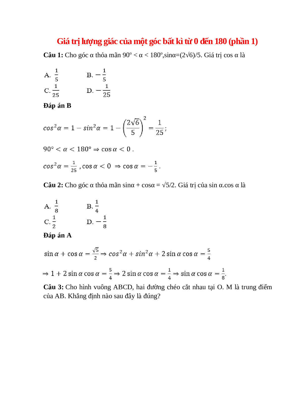Trắc nghiệm Giá trị lượng giác của một góc bất kì từ 0 đến 180 (phần 1) có đáp án – Toán lớp 10 (trang 1)