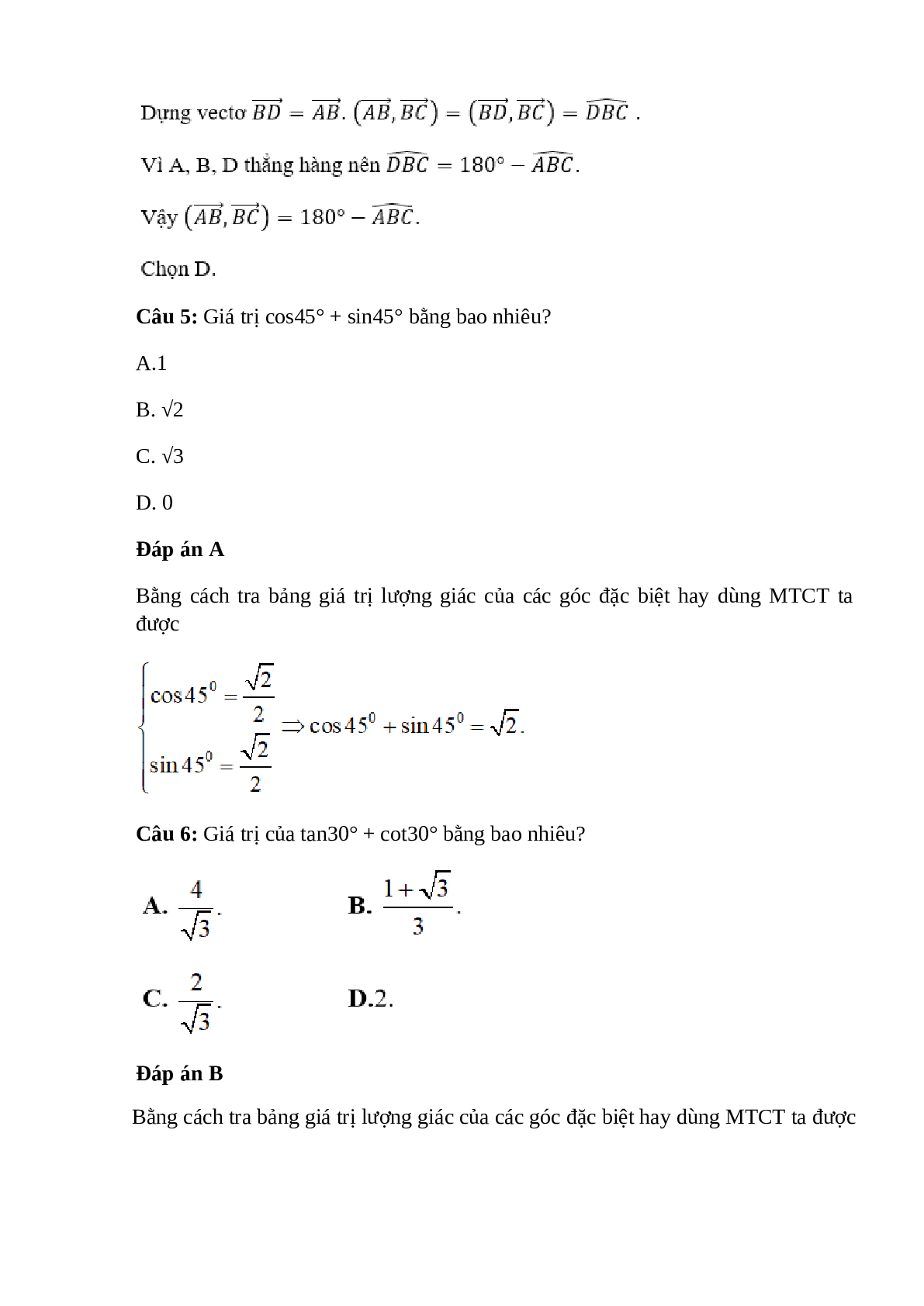 Trắc nghiệm Giá trị lượng giác của một góc bất kì từ 0 đến 180 (phần 1) có đáp án – Toán lớp 10 (trang 3)