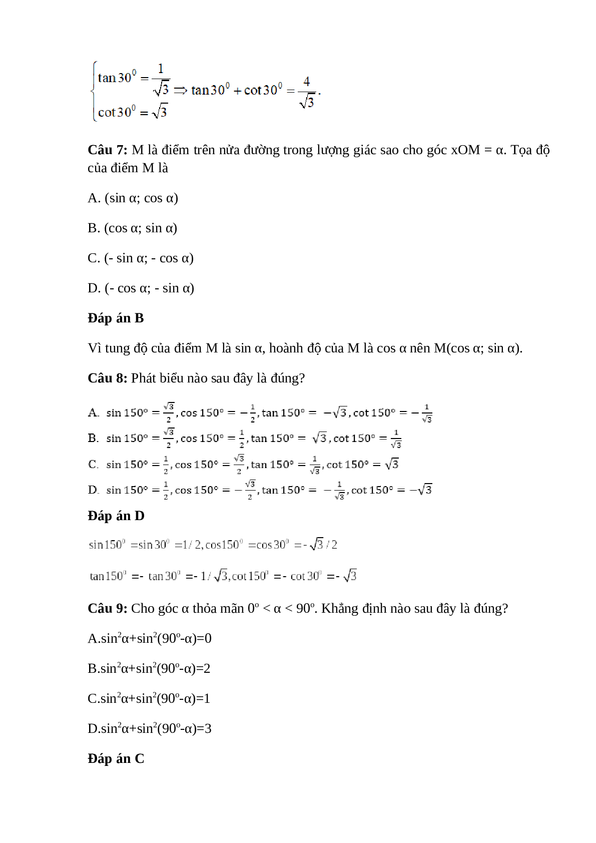 Trắc nghiệm Giá trị lượng giác của một góc bất kì từ 0 đến 180 (phần 1) có đáp án – Toán lớp 10 (trang 4)