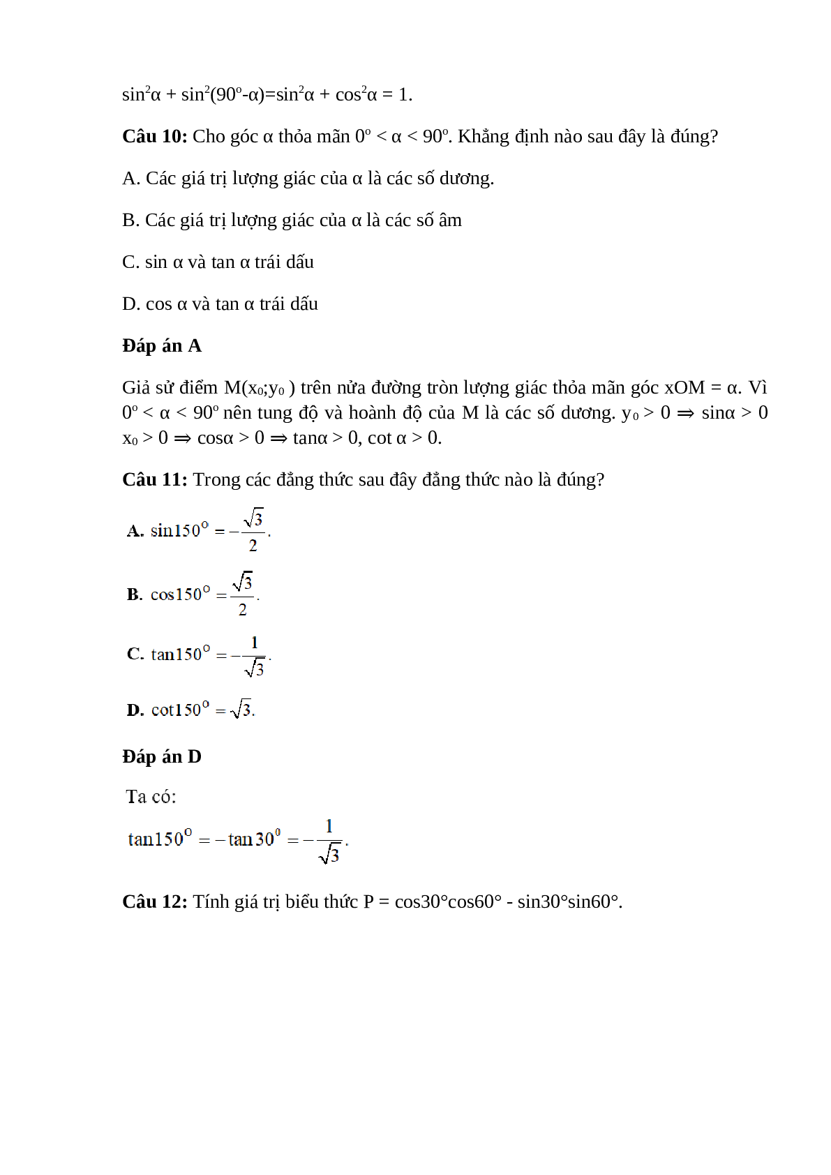 Trắc nghiệm Giá trị lượng giác của một góc bất kì từ 0 đến 180 (phần 1) có đáp án – Toán lớp 10 (trang 5)