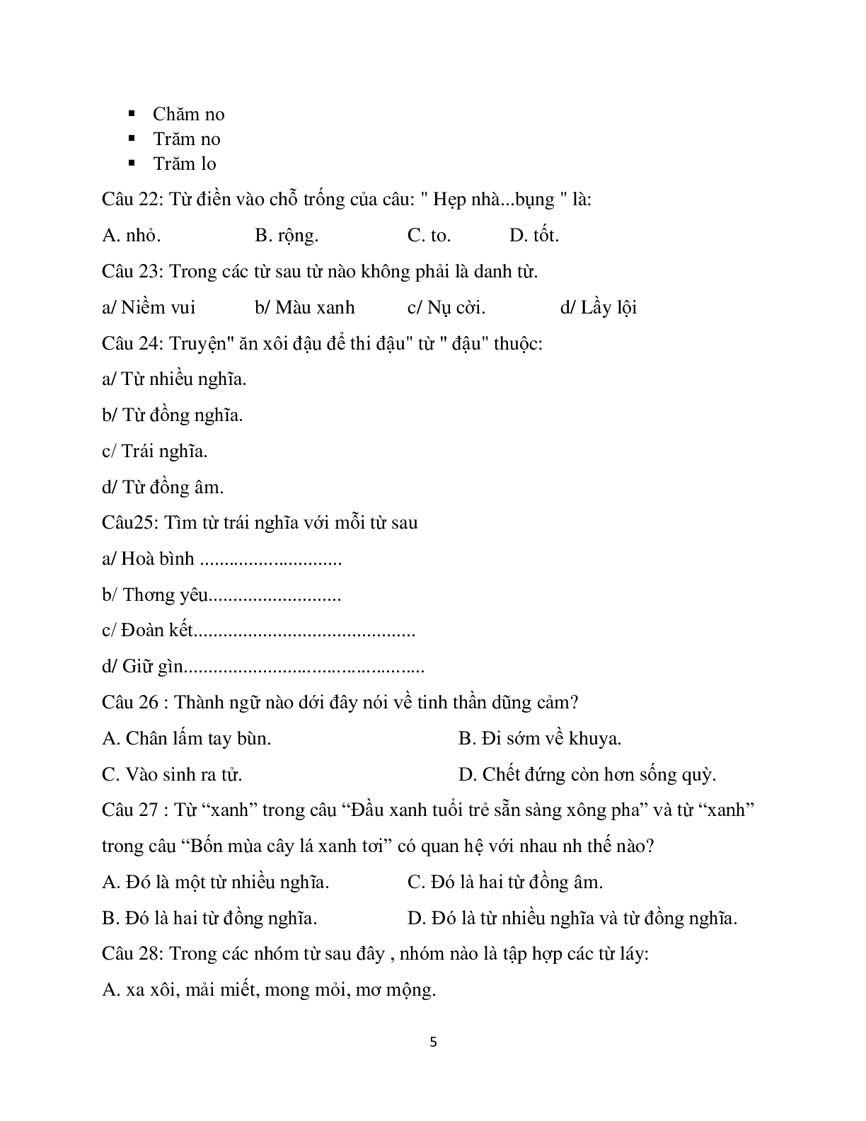 Bộ đề trắc nghiệm ôn tập môn Tiếng Việt lớp 5 có đáp án (trang 5)