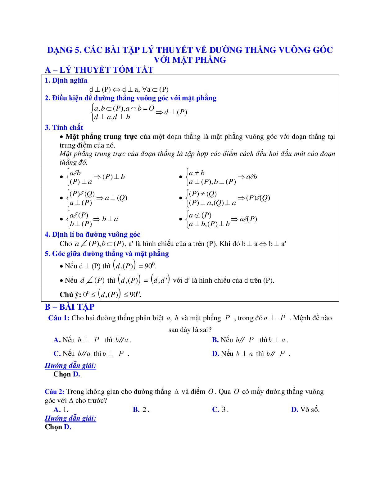 Các bài tập lý thuyết về đường thẳng vuông góc với mặt phẳng có đáp án (trang 1)