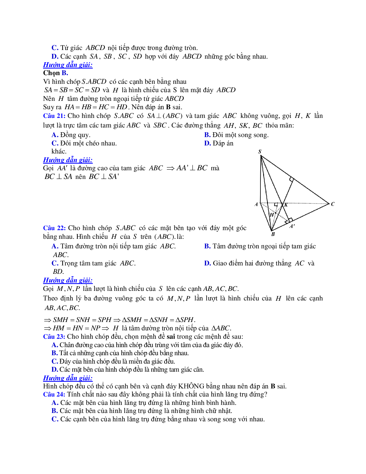 Các bài tập lý thuyết về đường thẳng vuông góc với mặt phẳng có đáp án (trang 6)