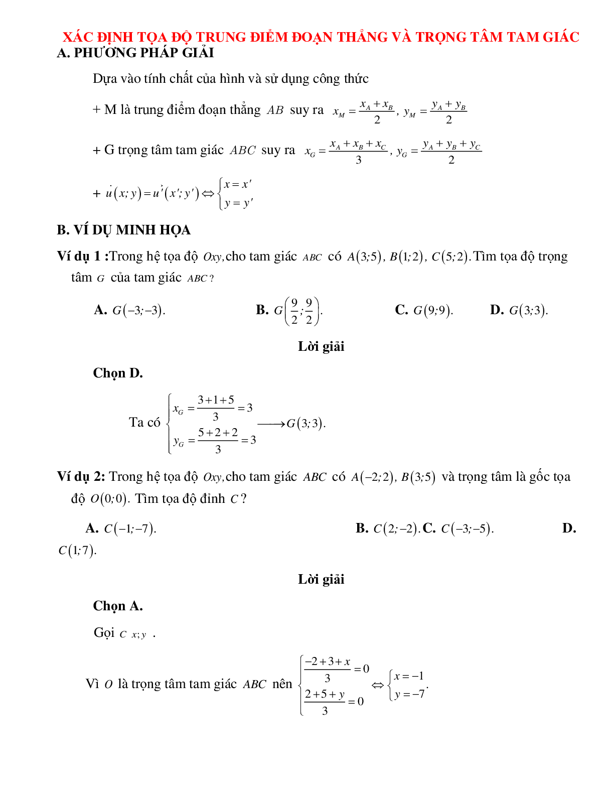 Bài tập Xác định tọa độ trung điểm đoạn thẳng và trọng tâm tam giác chọn lọc (trang 1)