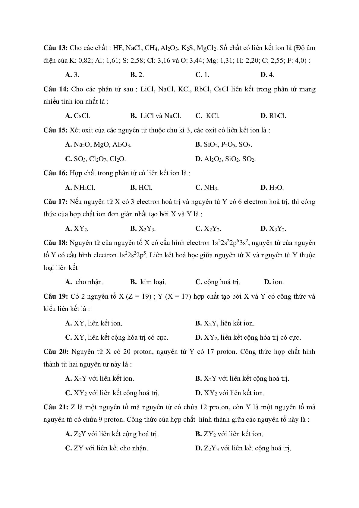 Lý thuyết và bài tập trắc nghiệm Chương 3 Liên kết hóa học môn Hóa lớp 10 có đáp án (trang 10)