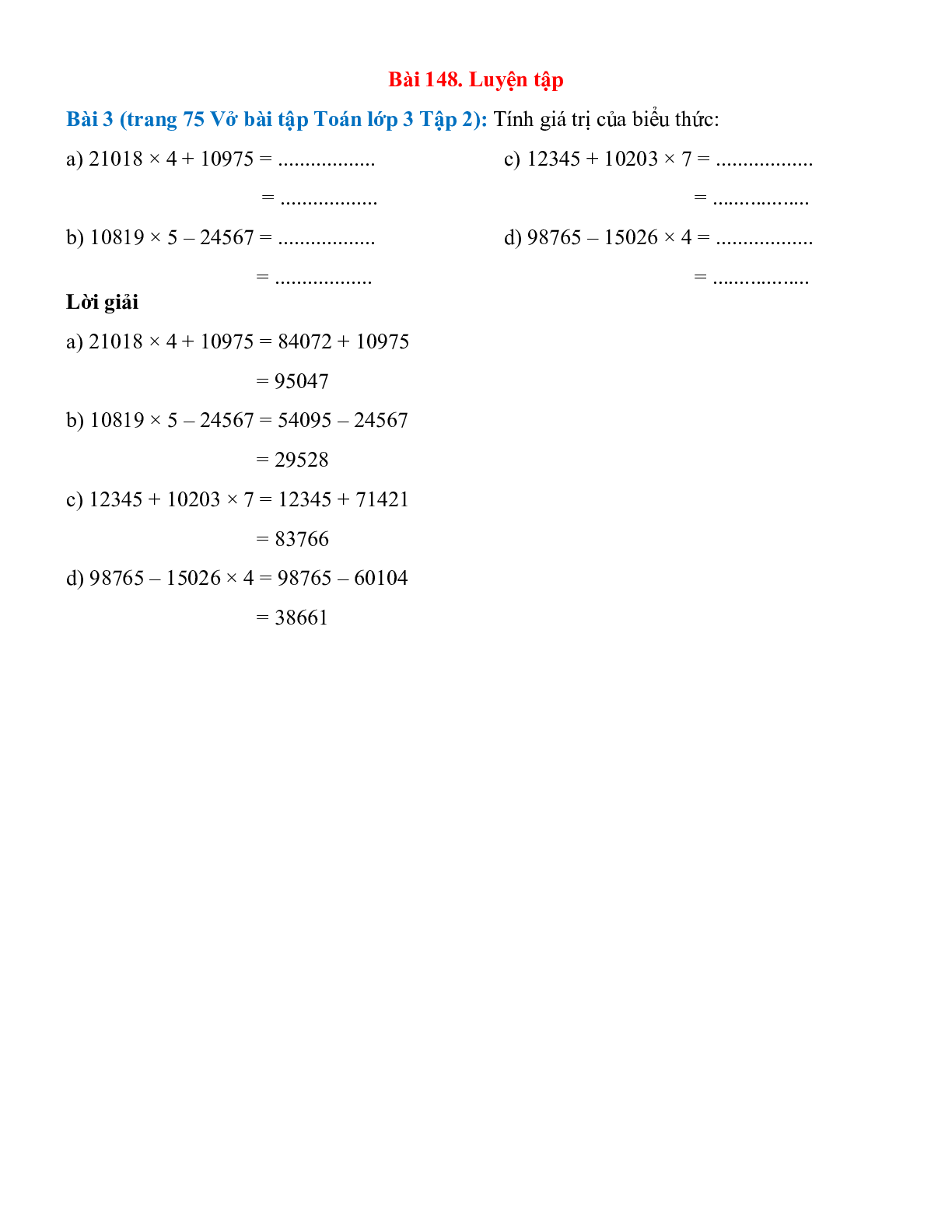 Tính giá trị của biểu thức: 21018 × 4 + 10975 (trang 1)