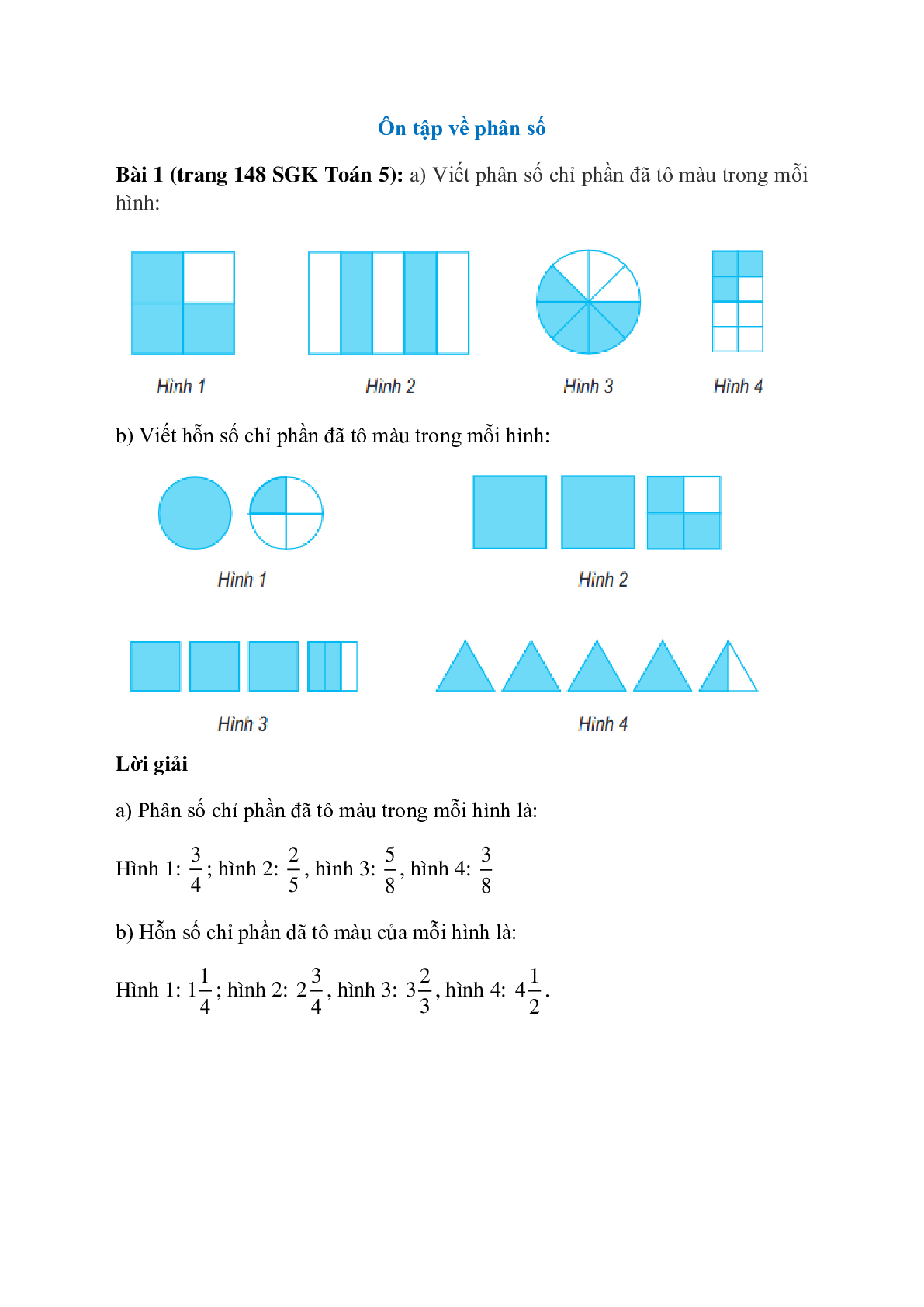 Viết phân số chỉ phần đã tô màu trong mỗi hình (trang 1)