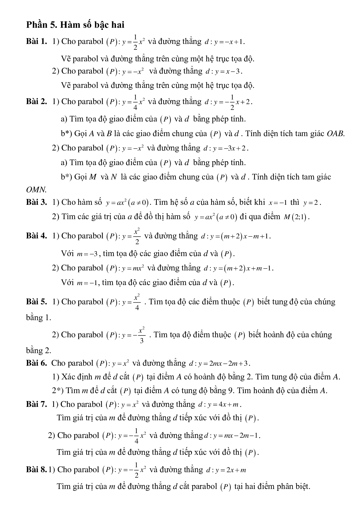 Bài tập tự luyện Hàm số bậc hai - Ôn thi vào lớp 10 (trang 1)
