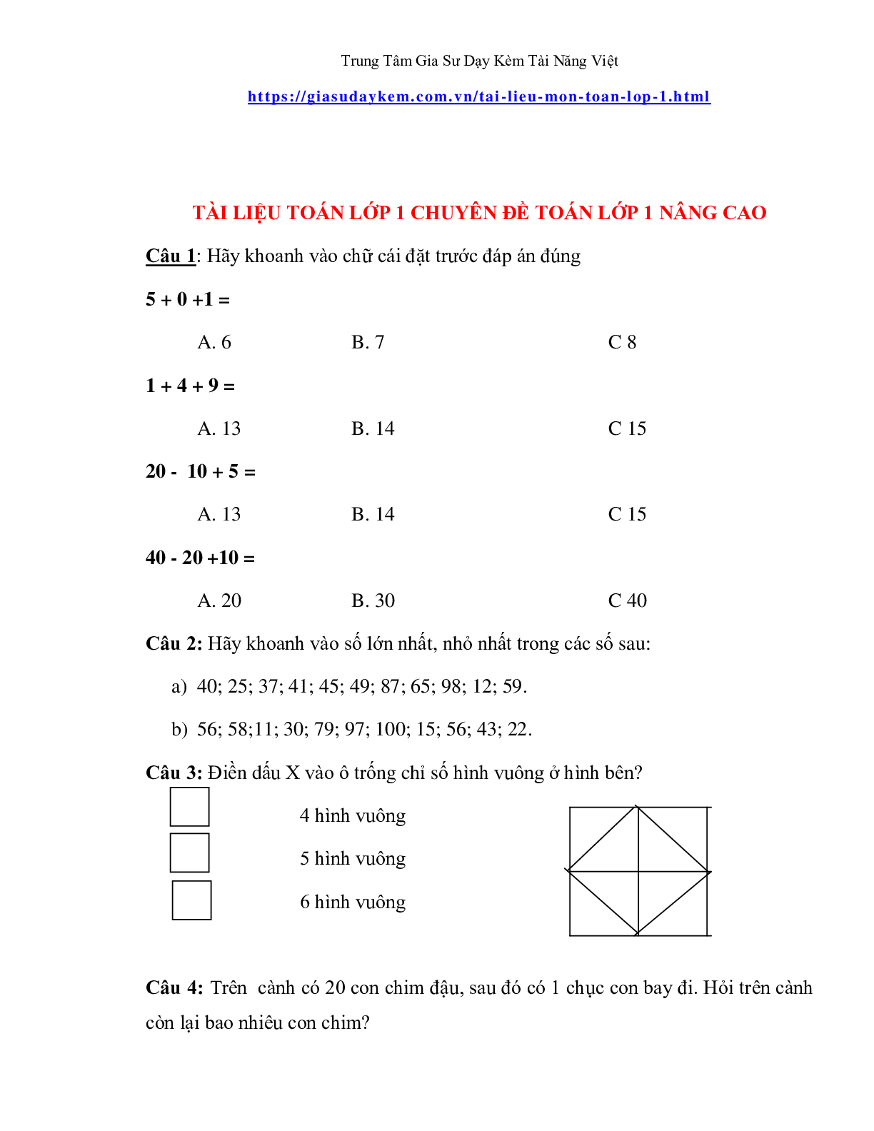 Đề thi toán lớp một nâng cao (trang 1)