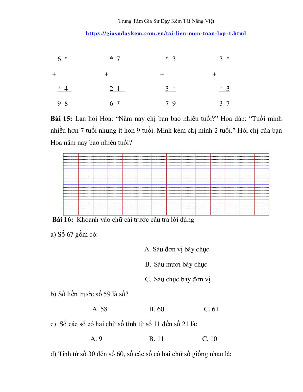 Đề thi toán lớp một nâng cao (trang 5)