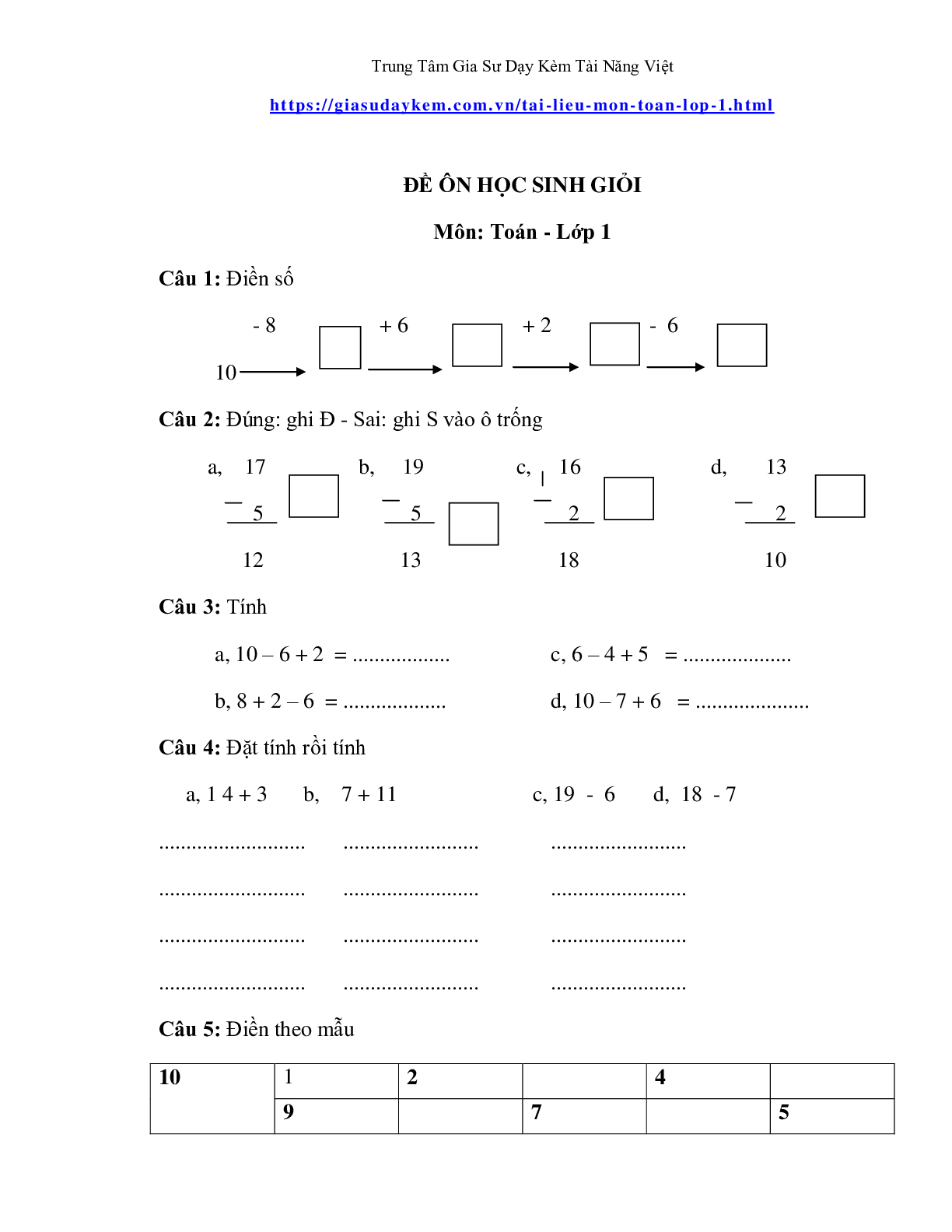 Đề thi toán lớp một nâng cao (trang 9)