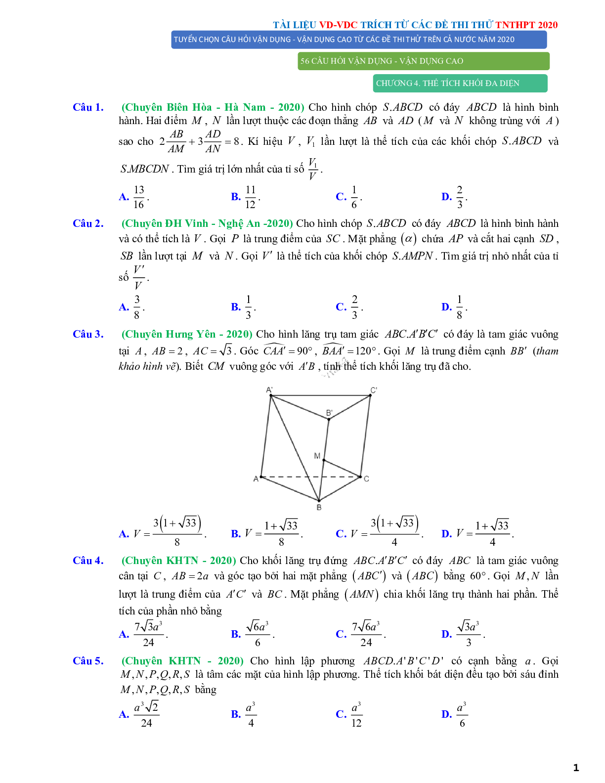 56 Bài tập trắc nghiệm Vận dụng-Vận dụng cao khối đa diện và thể tích của chúng - có đáp án chi tiết (trang 1)