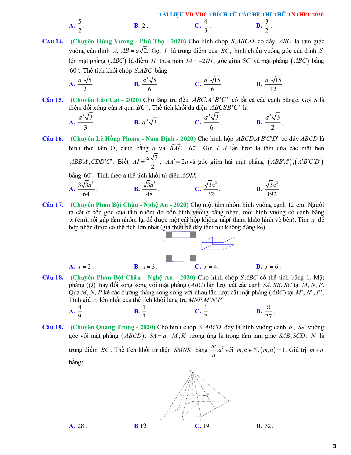 56 Bài tập trắc nghiệm Vận dụng-Vận dụng cao khối đa diện và thể tích của chúng - có đáp án chi tiết (trang 3)